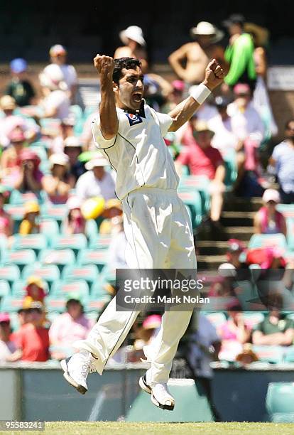 Umar Gul of Pakistan celebrates taking the wicket of Shane Watson of Australia for 97 during day three of the Second Test match between Australia and...