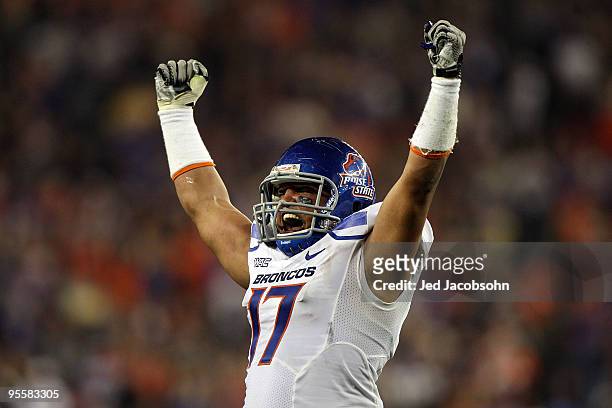 Winston Venable of the Boise State Broncos reacts after making a stop on fourth down against the TCU Horned Frogs in the fourth quarter during the...