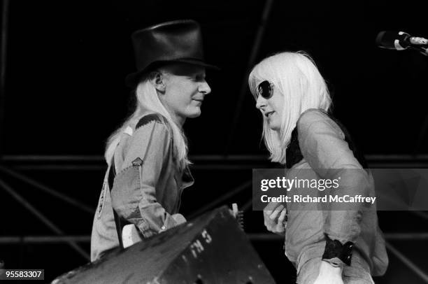 Johnny and Edgar Winter perform live at The Winterland Ballroom in 1975 in San Francisco, California.