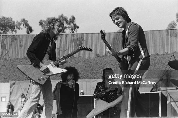 Peter Frampton with Richard "Magic Dick" Salwitz, Peter Wolf and J. Geils of The J. Geils Band perform live at The Oakland Coliseum in 1976 in...