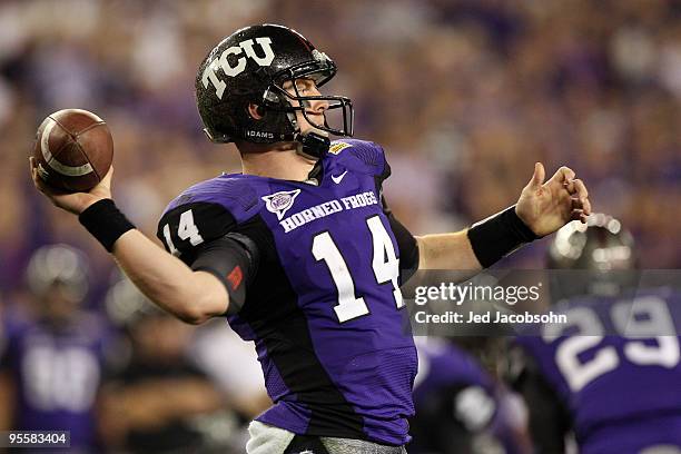 Quarterback Andy Dalton of the TCU Horned Frogs passes the ball in the second half against the Boise State Broncos during the Tostitos Fiesta Bowl at...