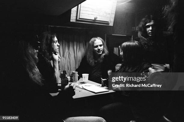 Leon Wilkeson, Allen Collins, Ronnie Van Zant and Gary Rossington of Lynyrd Skynyrd with friends in 1975 in San Jose, California.