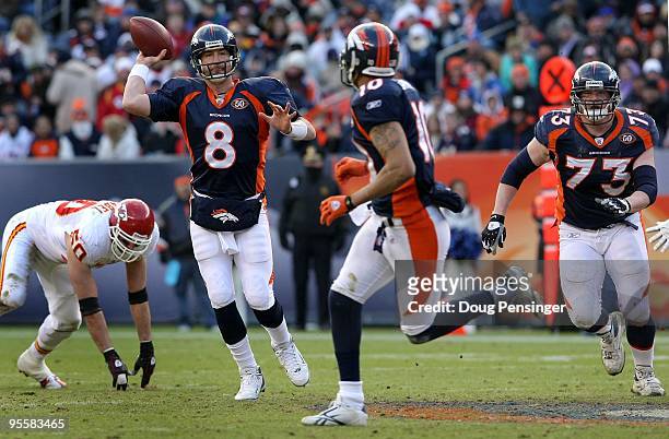 Quarterback Kyle Orton of the Denver Broncos delivers a pass to wide receiver Jabar Gaffney against the Kansas City Chiefs during NFL action at...