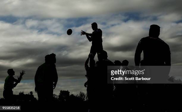 Sam Jeffries of the Rebels wins the ball in a lineout during a Melbourne Rebels Super Rugby training session at Gosch's Paddock on May 8, 2018 in...