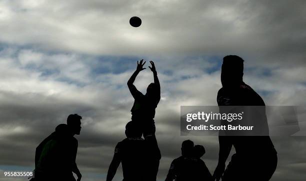 Sam Jeffries of the Rebels wins the ball in a lineout during a Melbourne Rebels Super Rugby training session at Gosch's Paddock on May 8, 2018 in...