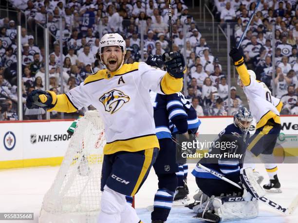 Filip Forsberg of the Nashville Predators celebrates after scoring a third period goal against the Winnipeg Jets in Game Six of the Western...