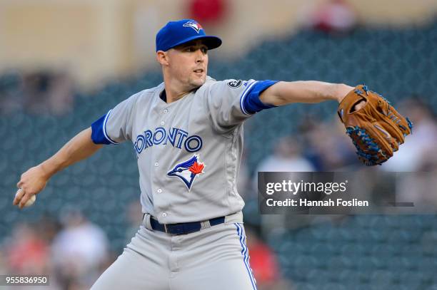 Aaron Sanchez of the Toronto Blue Jays delivers a pitch against the Minnesota Twins during the game on April 30, 2018 at Target Field in Minneapolis,...