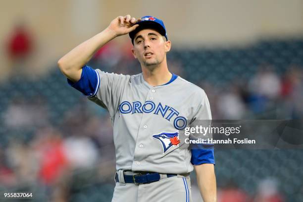 Aaron Sanchez of the Toronto Blue Jays looks on during the game against the Minnesota Twins on April 30, 2018 at Target Field in Minneapolis,...