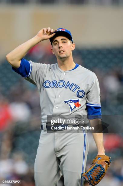 Aaron Sanchez of the Toronto Blue Jays looks on during the game against the Minnesota Twins on April 30, 2018 at Target Field in Minneapolis,...
