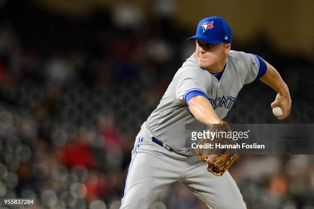 Aaron Loup of the Toronto Blue Jays delivers a pitch against the Minnesota Twins during the game on April 30, 2018 at Target Field in Minneapolis,...