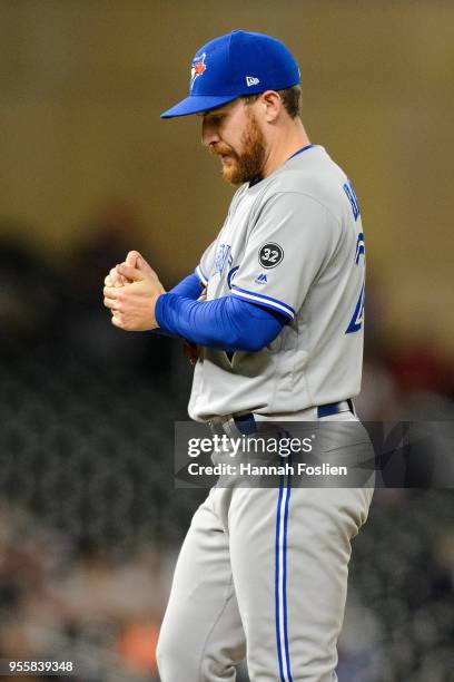 Danny Barnes of the Toronto Blue Jays looks on during the game against the Minnesota Twins on April 30, 2018 at Target Field in Minneapolis,...