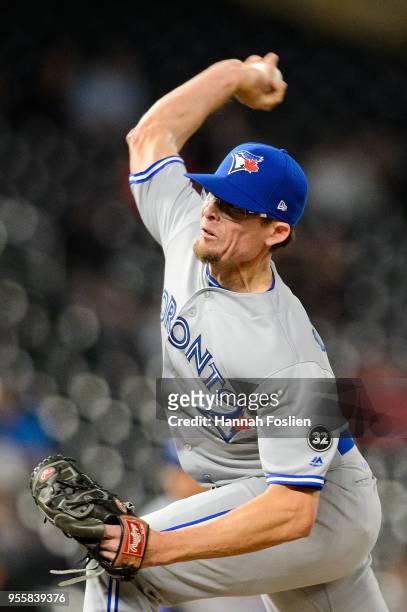 Tyler Clippard of the Toronto Blue Jays delivers a pitch against the Minnesota Twins during the game on April 30, 2018 at Target Field in...