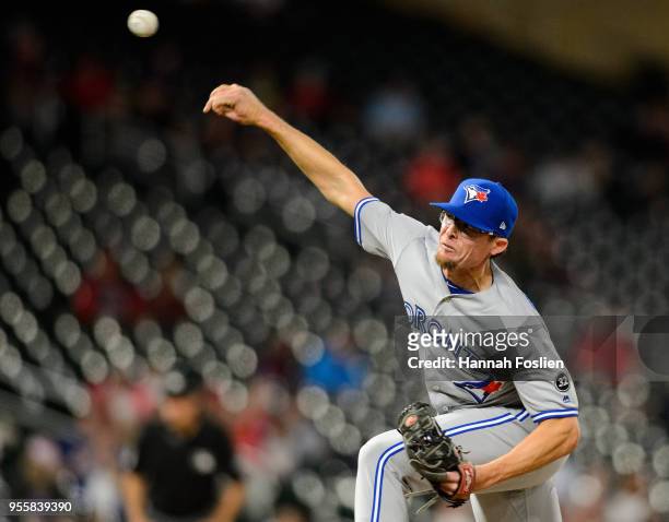 Tyler Clippard of the Toronto Blue Jays delivers a pitch against the Minnesota Twins during the game on April 30, 2018 at Target Field in...