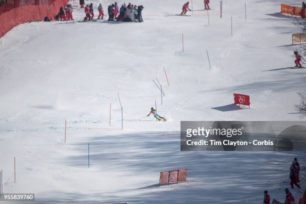 Frida Hansdotter of Sweden in action during the Alpine Skiing - Ladies' Slalom competition at Yongpyong Alpine Centre on February 16, 2018 in...