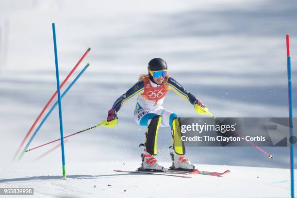 Frida Hansdotter of Sweden in action during the Alpine Skiing - Ladies' Slalom competition at Yongpyong Alpine Centre on February 16, 2018 in...