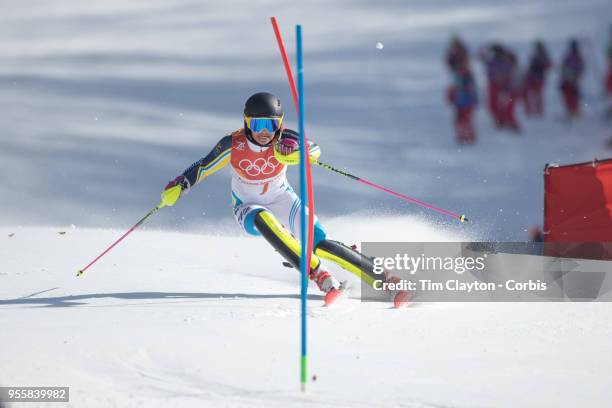 Frida Hansdotter of Sweden in action during the Alpine Skiing - Ladies' Slalom competition at Yongpyong Alpine Centre on February 16, 2018 in...