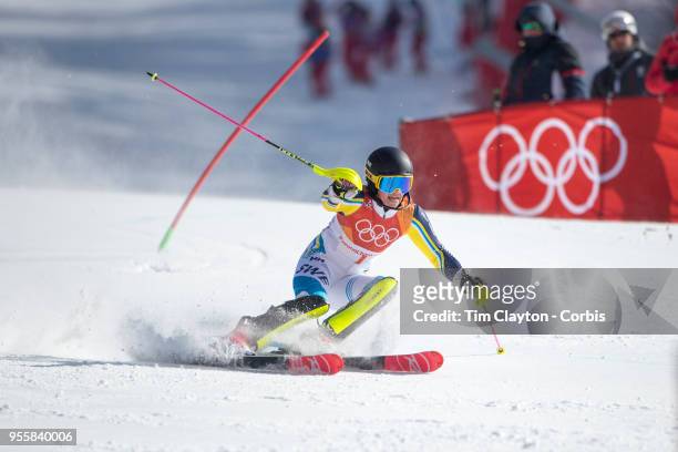 Frida Hansdotter of Sweden in action during the Alpine Skiing - Ladies' Slalom competition at Yongpyong Alpine Centre on February 16, 2018 in...