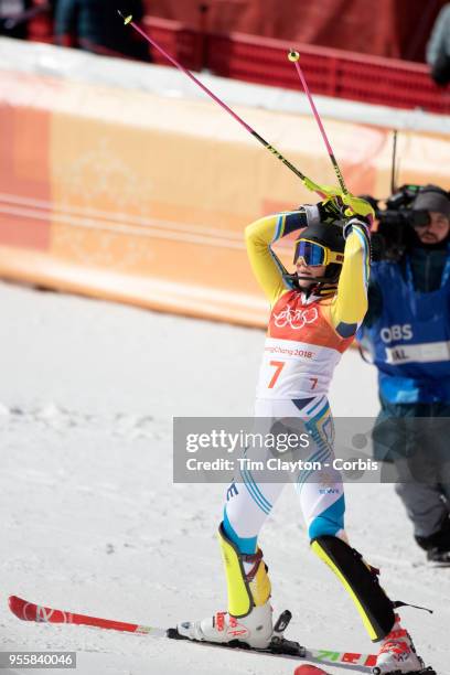 Frida Hansdotter of Sweden in action during the Alpine Skiing - Ladies' Slalom competition at Yongpyong Alpine Centre on February 16, 2018 in...