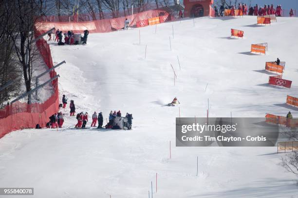 Wendy Holdener of Switzerland in action during the Alpine Skiing - Ladies' Slalom competition at Yongpyong Alpine Centre on February 16, 2018 in...