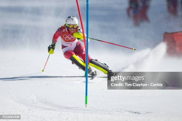 Wendy Holdener of Switzerland in action during the Alpine Skiing - Ladies' Slalom competition at Yongpyong Alpine Centre on February 16, 2018 in...