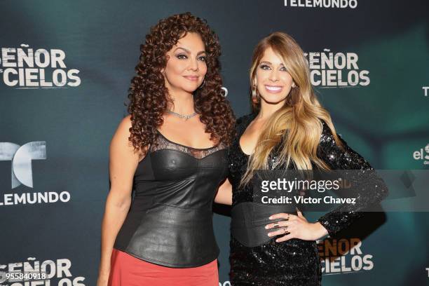 Marisela Gonzalez and Carmen Aub attend El Senor De los Cielos Season 6 premiere red carpet at Torre Virrelles on May 7, 2018 in Mexico City, Mexico.