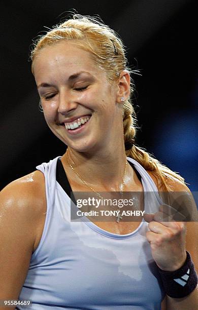 Sabine Lisicki of Germany celebrates winning against Elena Dementieva of Russia after their women's singles match on the third session of day three...