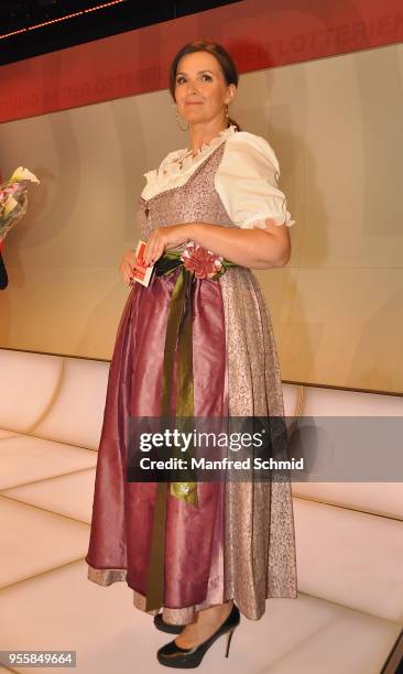 Barbara Karlich pose on stage during the Pro Juventute Charity Fashion Show on May 7, 2018 in Vienna, Austria.