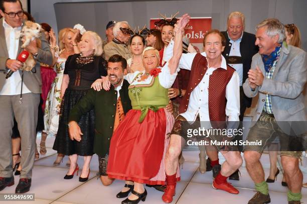 Jazz Gitti, Walter Schachner, Edi Finger jun., Brigitte Kren and Mike Galeli pose on stage during the Pro Juventute Charity Fashion Show on May 7,...