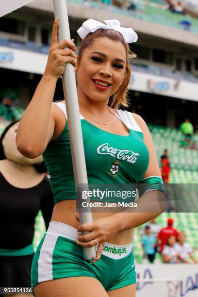 Cheerleader of Santos cheers their team prior to the quarter finals second leg match between Santos Laguna and Tigres UANL as part of the Torneo...