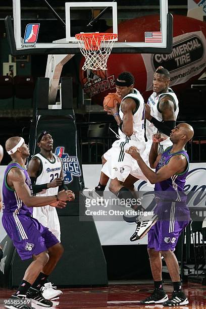Chris Davis of the Reno Bighorns pulls down a rebound against the Dakota Wizards during the 2010 D-League Showcase at Qwest Arena on January 4, 2010...