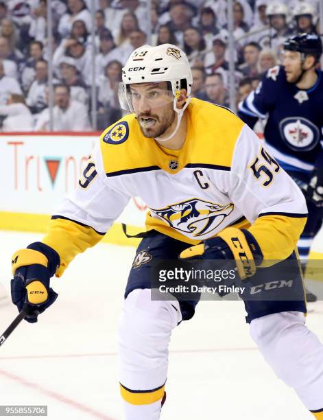 Roman Josi of the Nashville Predators keeps an eye on the play during first period action against the Winnipeg Jets in Game Four of the Western...