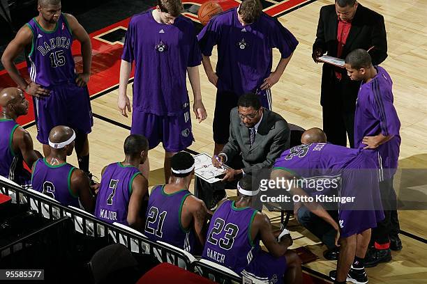 Head Coach Rory White of the Dakota Wizards gives instructions during a time out in the game against the Reno Bighorns at the 2010 D-League Showcase...