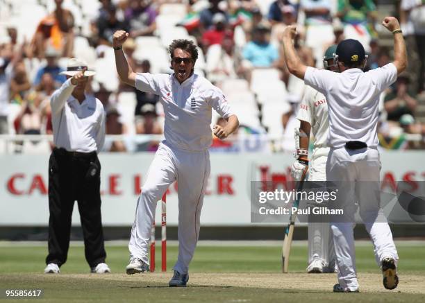 Graeme Swann of England celebrates taking the wicket of Ashwell Prince of South Africa for lbw and 15 runs during day three of the third test match...