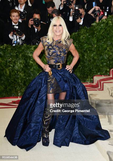 Donatella Versace attends the Heavenly Bodies: Fashion & The Catholic Imagination Costume Institute Gala at Metropolitan Museum of Art on May 7, 2018...