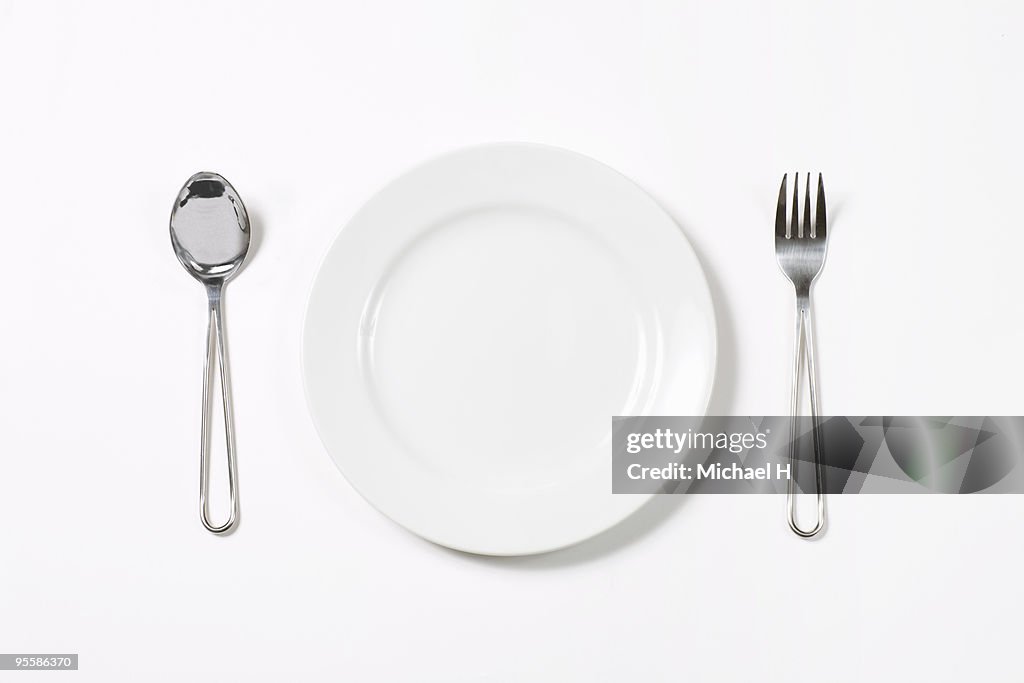 White plate, knife, and fork