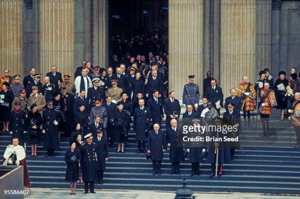 England, London,St Paul's Cathedral,Sir Winston Churchill's funeral, 30th January assembled dignitaries on steps of St Paul's as Churchill's coffin...