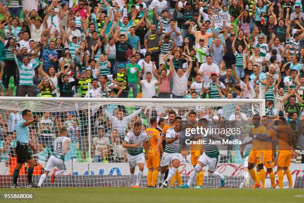 Osvaldo Martinez of Santos celebrates after scoring the first goal of his team during the quarter finals second leg match between Santos Laguna and...