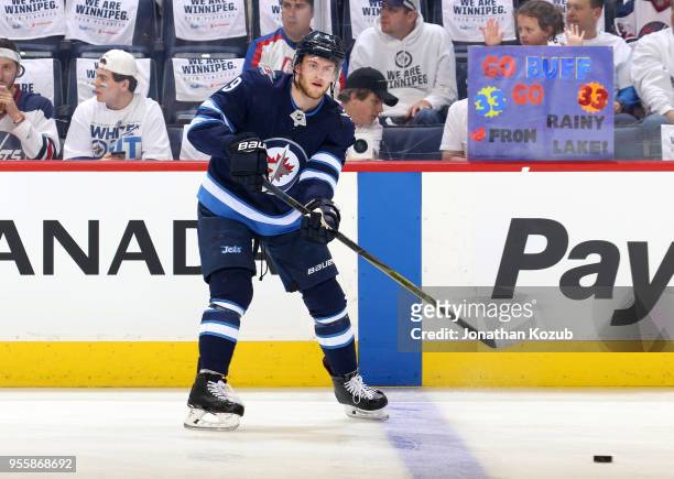 Andrew Copp of the Winnipeg Jets takes part in the pre-game warm up prior to NHL action against the Nashville Predators in Game Four of the Western...