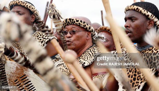 South African President Jacob Zuma sings and dances at his wedding ceremony with Thobeka Madiba on January 4, 2010 in a colourful Zulu traditional...