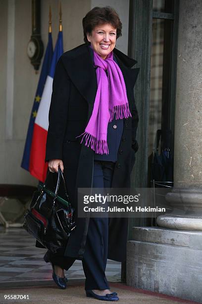 French Health, Youth, Sport and Associations minister Roselyne Bachelot-Narquin leaves the first weekly cabinet meeting of the year at the Elysee...