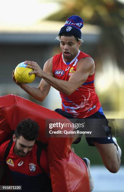 Jason Johannisen of the Bulldogs marks during a Western Bulldogs AFL training session at Whitten Oval on May 8, 2018 in Melbourne, Australia.