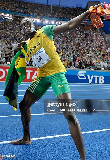 Jamaica's Usain Bolt wins the men's 200m final race of the 2009 IAAF Athletics World Championships on August 20, 2009 in Berlin. Jamaican Usain Bolt...