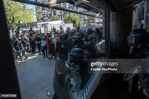 Union railway protestes clash with the French police at the Monparnasse tren station, in Paris, France, on May 7, 2018.