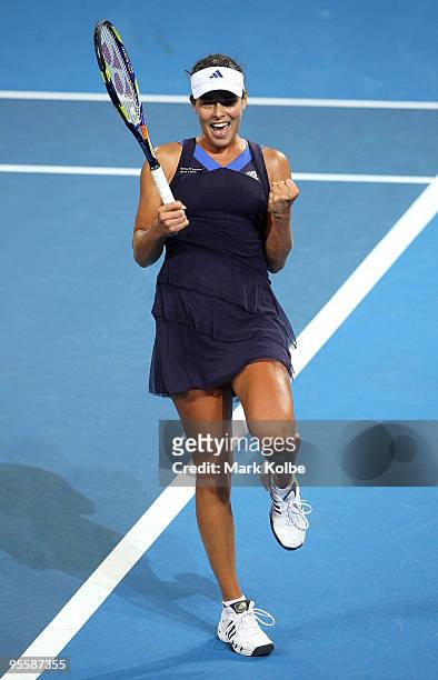 Ana Ivanovic of Serbia celebrates winning her second round match against Timea Bacsinszky of Switzerland during day three of the Brisbane...
