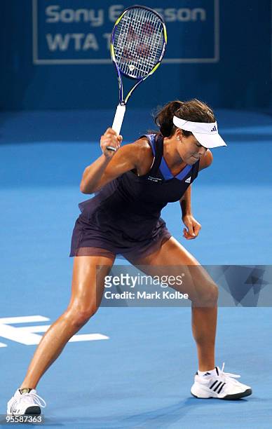 Ana Ivanovic of Serbia shows her frustration in her second round match against Timea Bacsinszky of Switzerland during day three of the Brisbane...