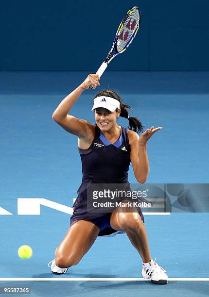 Ana Ivanovic of Serbia plays a forehand in her second round match against Timea Bacsinszky of Switzerland during day three of the Brisbane...