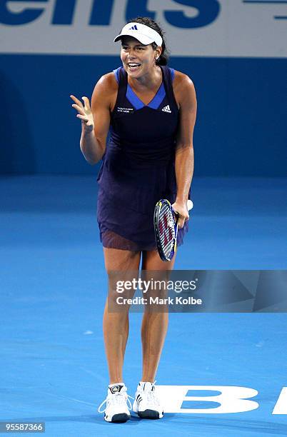 Ana Ivanovic of Serbia shows her frustration in her second round match against Timea Bacsinszky of Switzerland during day three of the Brisbane...