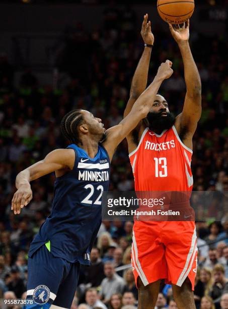 James Harden of the Houston Rockets shoots the ball Andrew Wiggins of the Minnesota Timberwolves in Game Four of Round One of the 2018 NBA Playoffs...