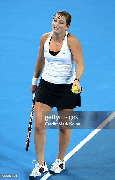 Timea Bacsinszky of Switzerland shows her frustration in her second round match against Ana Ivanovic of Serbia during day three of the Brisbane...