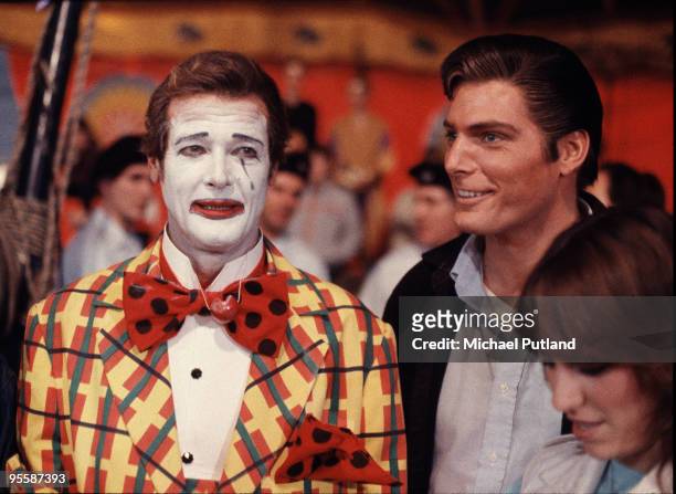 American actor Christopher Reeve visits English actor Roger Moore on the set of the James Bond movie 'Octopussy', Pinewood Studios, 1983. At the...